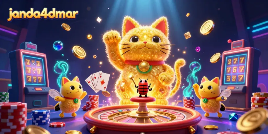 Janda4dmar menghadirkan pengalaman kasino dengan kucing keberuntungan dan simbol permainan yang menarik.