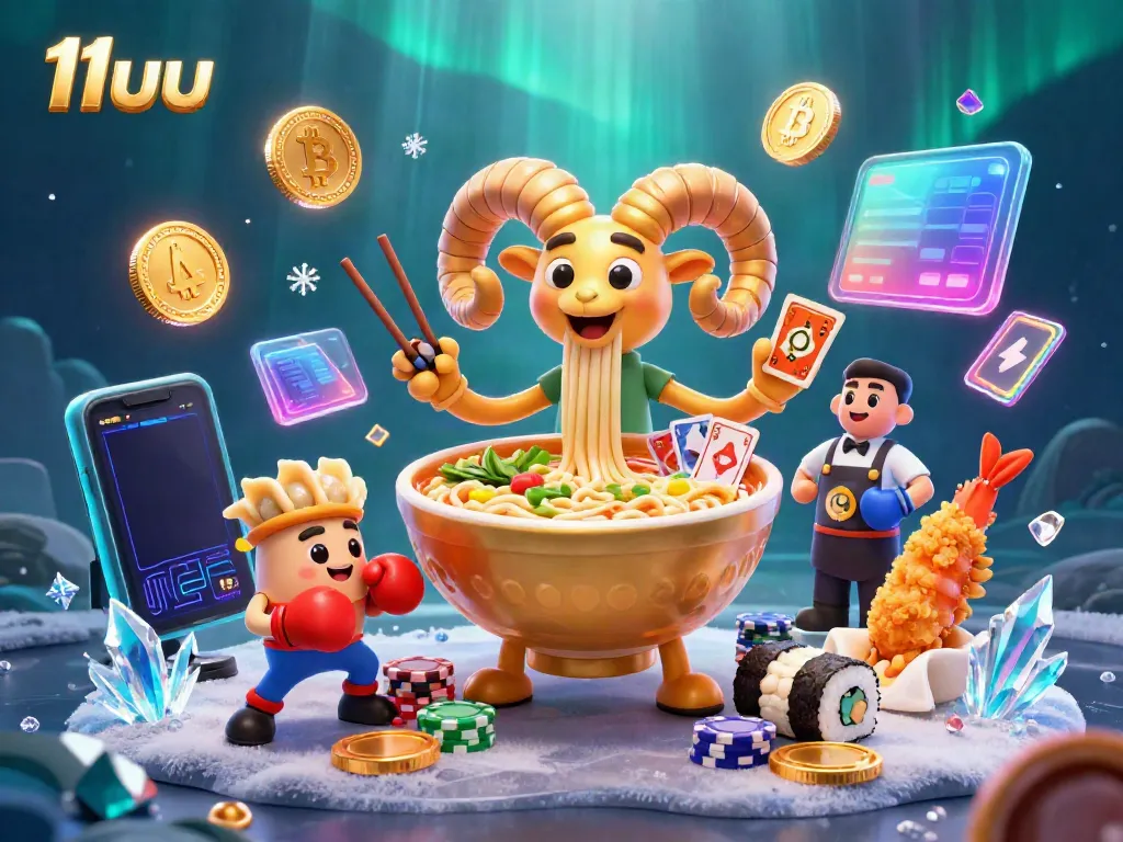 Engage players with 11uu's energetic 3D illustration showcasing a golden ramen bowl character dealing cards.