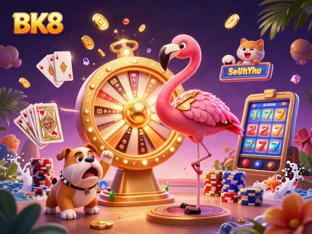 BK8 showcases an exciting casino scene with vibrant characters and spectacular game elements.