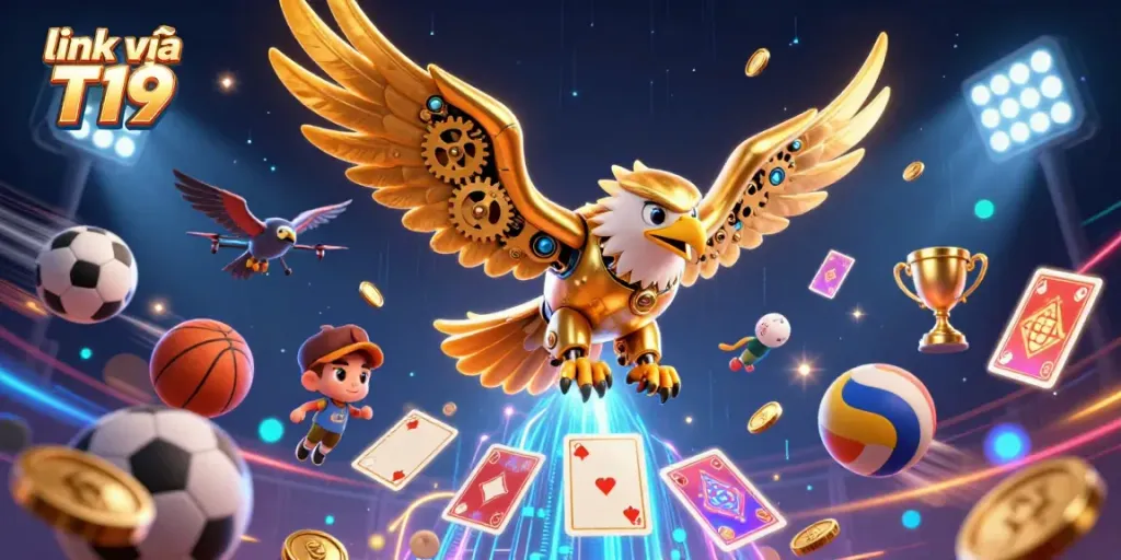 Engage with the excitement of link vào T19 as a golden eagle dives through vibrant holographic cards amidst dynamic sports elements.