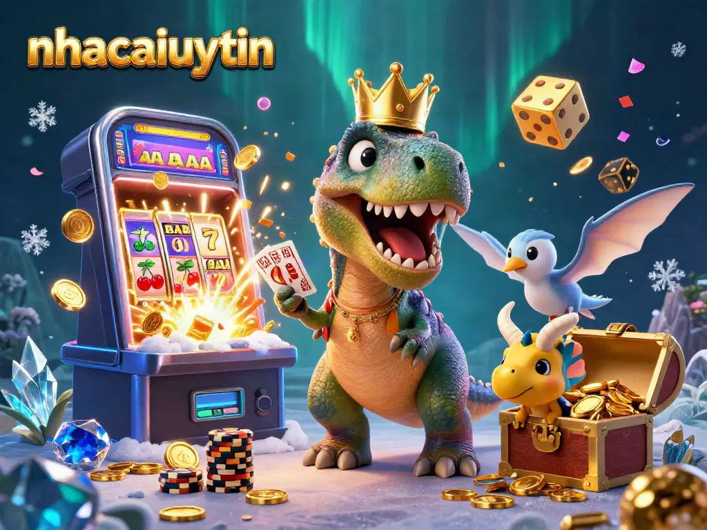 Spin to win with nhacaiuytin as an adorable T-Rex plays cards in a vibrant casino scene.