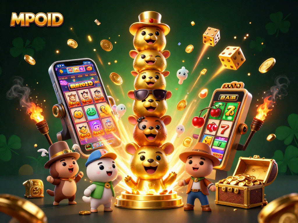 Win big with MPOID in a vibrant casino scene featuring a dynamic gold totem pole and jackpot excitement.