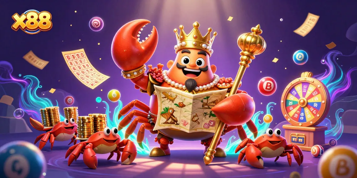 Experience the thrill of x88 with a golden crab emperor and vibrant lottery elements in a captivating scene.