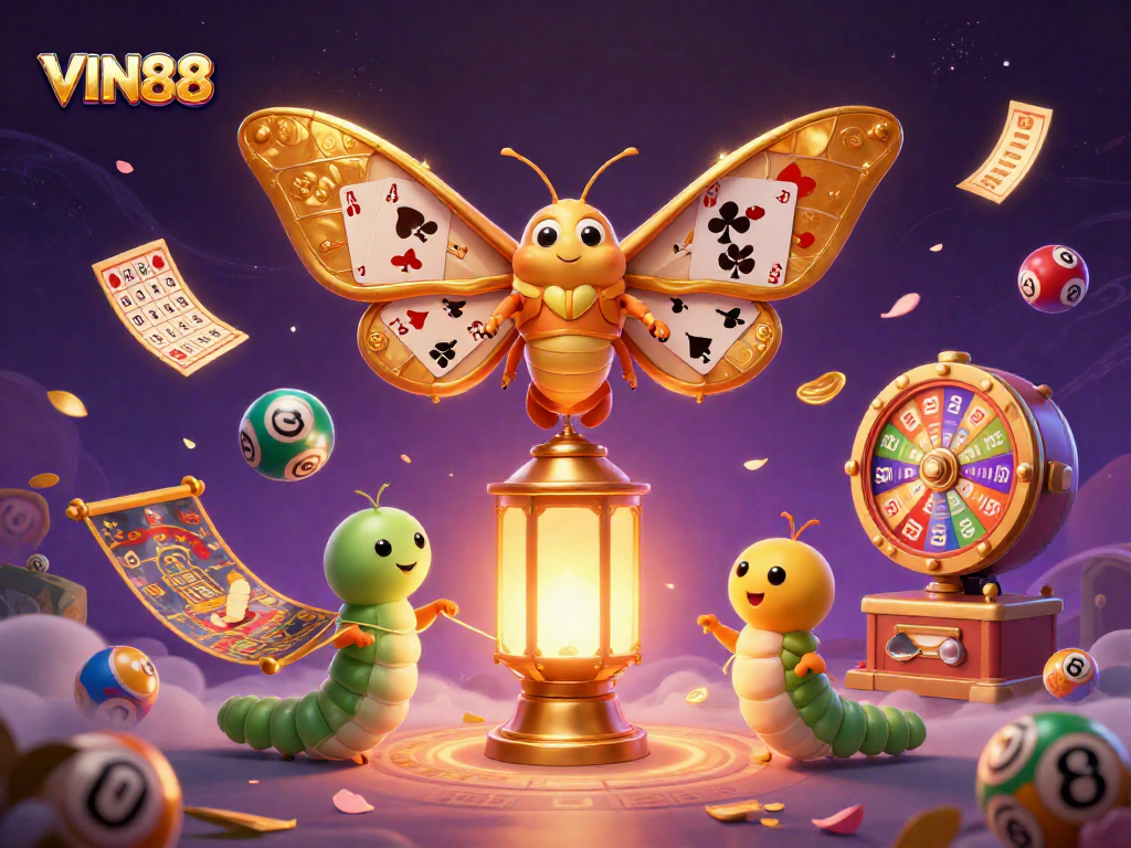 Win big at VIN88 with a vibrant illustration of lotteries, games, and 3D characters celebrating fortune.