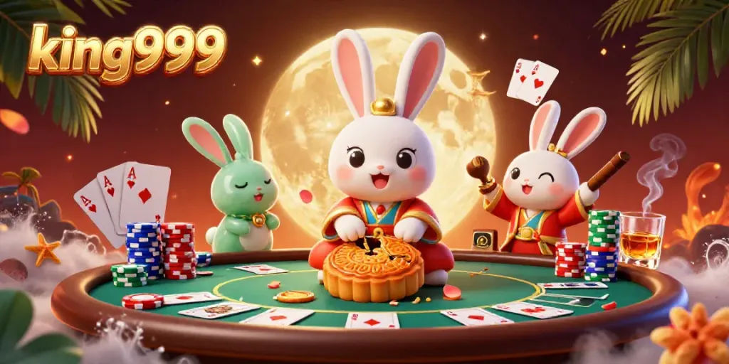 Gambar 3D ilustrasi menghibur dari king999 dengan kelinci bulan dan elemen kasino.