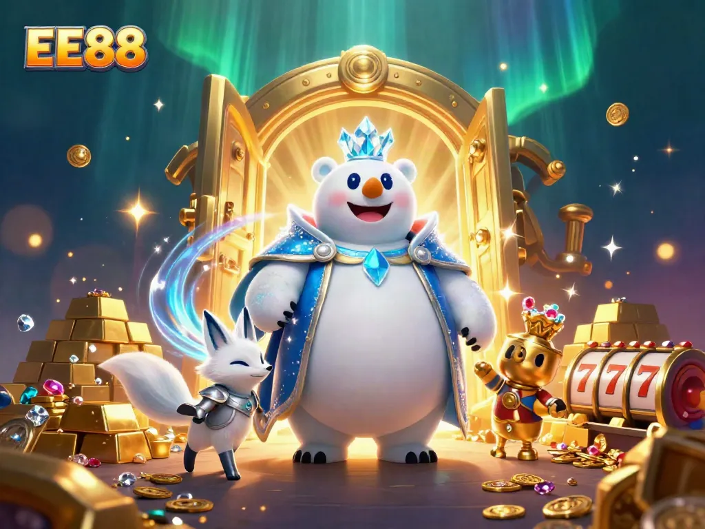 Experience the thrill of EE88 with a vibrant casino scene featuring an ice king polar bear and a snow fox, surrounded by treasures and gaming elements.