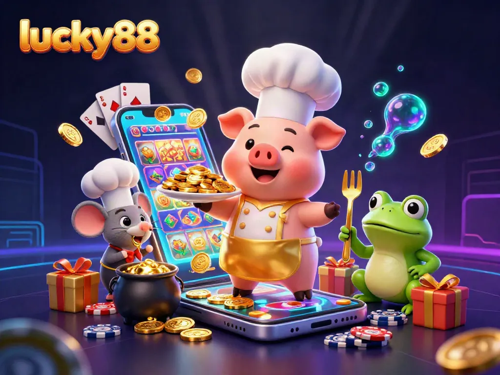 Experience winning action at lucky88 with a vibrant 3D casino scene featuring colorful games and characters.
