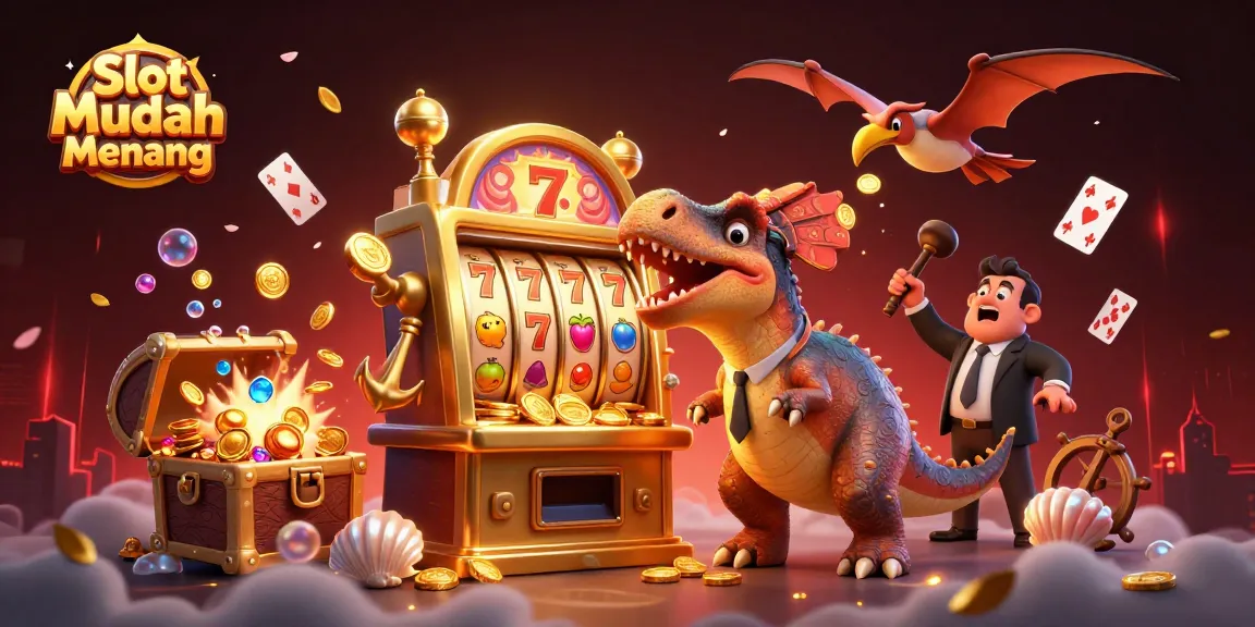 Experience the excitement of Slot Mudah Menang with a cartoon dinosaur winning jackpot coins from a golden slot machine.