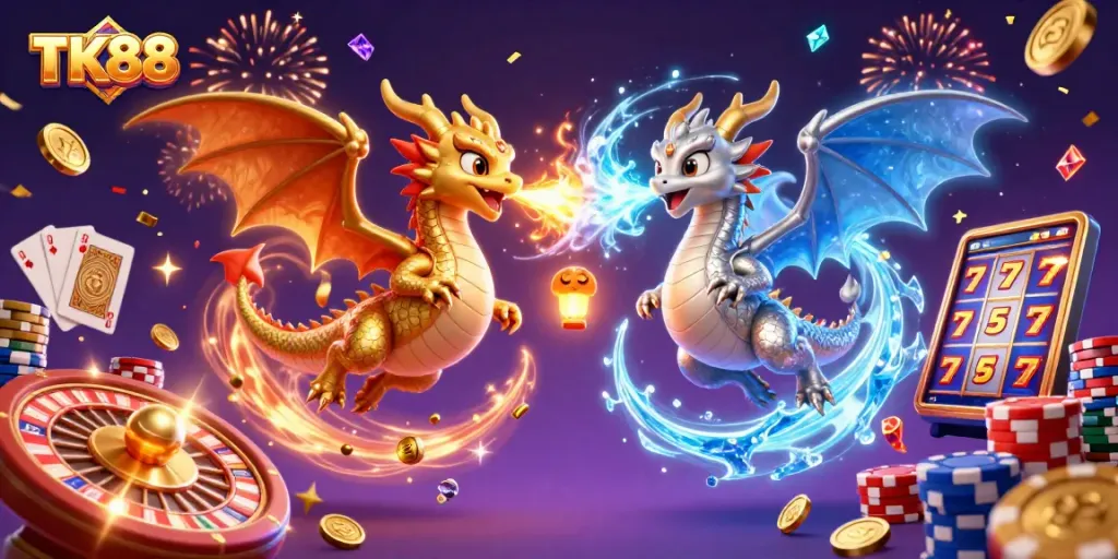 Experience exciting TK88 casino adventures with twin dragons battling in a vibrant gaming universe