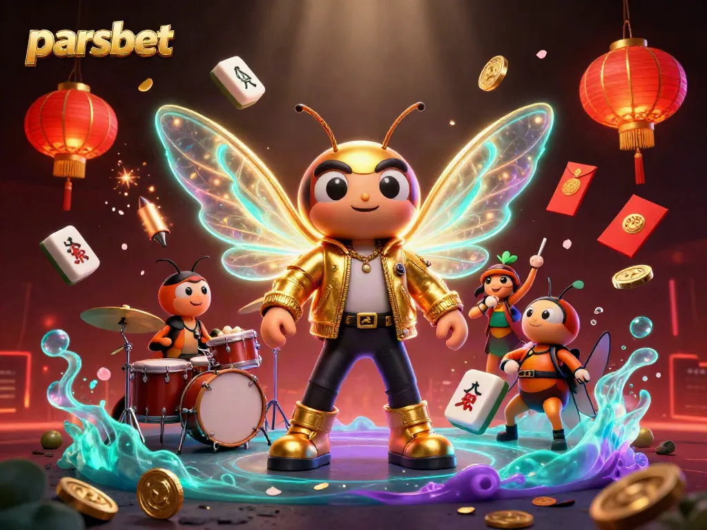 Experience the excitement of parsbet with a rock star cicada and vibrant casino elements in a dazzling digital art scene.