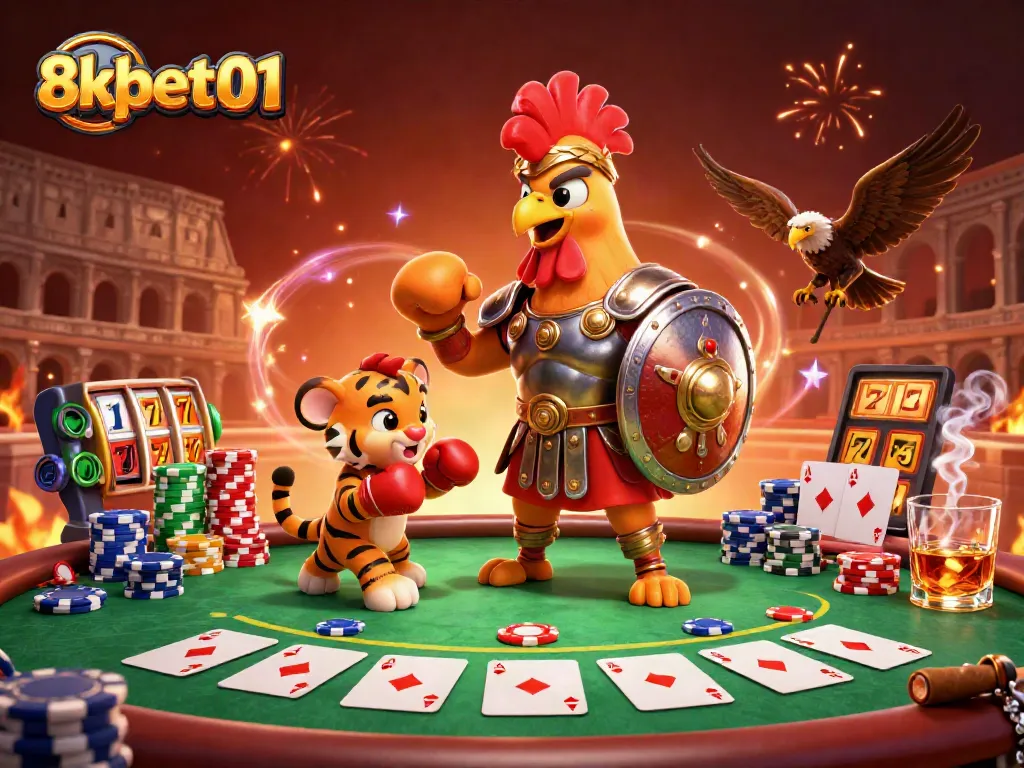 Engage with 8xbet01 in a vibrant scene featuring a thrilling poker showdown in a colosseum arena.