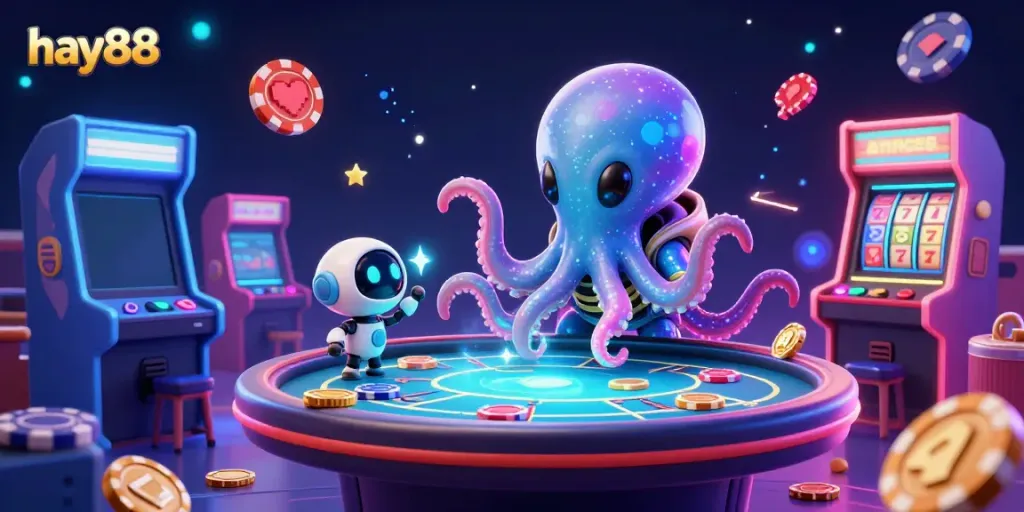 Engaging scene of the hay88 casino featuring an octopus dealer and robot, immersed in the thrill of gambling.