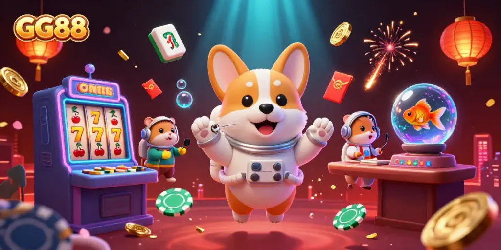 Experience thrilling GG88 casino excitement with a cheerful corgi astronaut and animated slots.