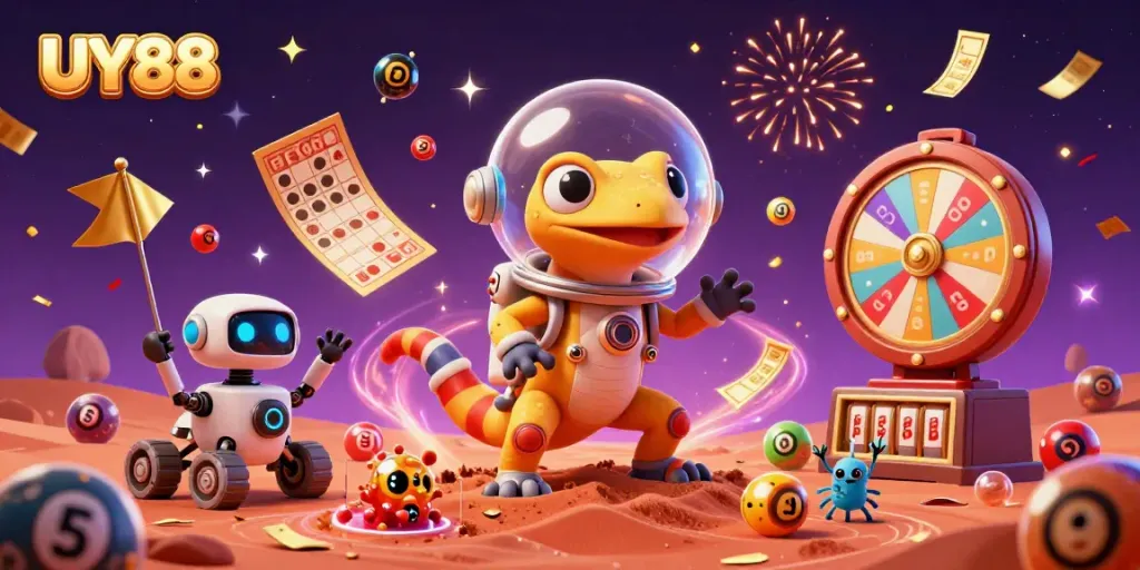 Experience the thrill of UY88 with a vibrant Martian casino adventure illustration featuring exciting game elements.