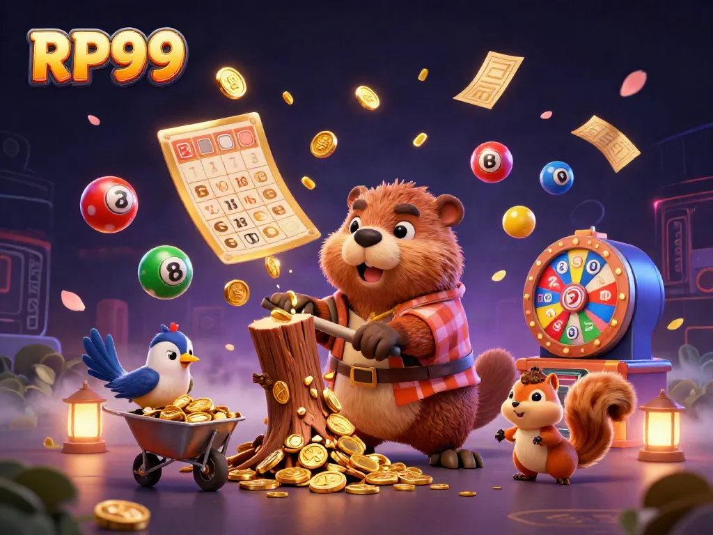 Experience the excitement of RP99 with a lively 3D scene of gambling-themed characters and vibrant casino elements.