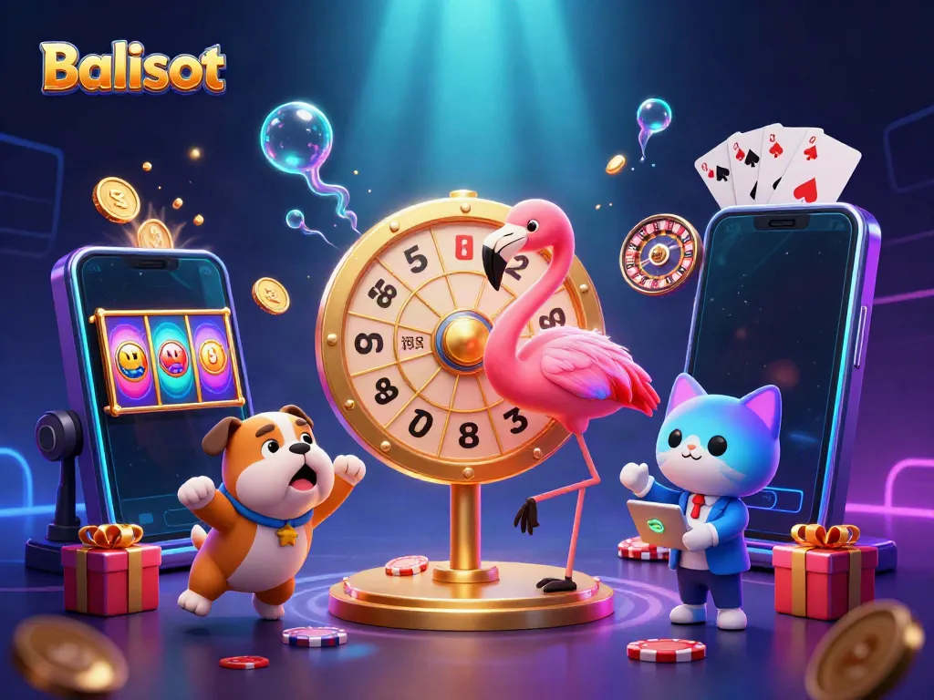 Balislot's thrilling gaming scene with a flamingo host, bulldog contestant, and prize elements