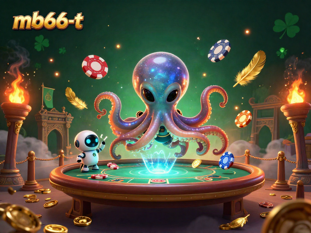 Engage with mb66-t at a thrilling cosmic poker showdown featuring a playful alien octopus.