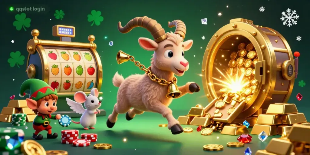 Experience festive fun with qqslot login as a Krampus goat and characters bustling in a holiday-themed casino.