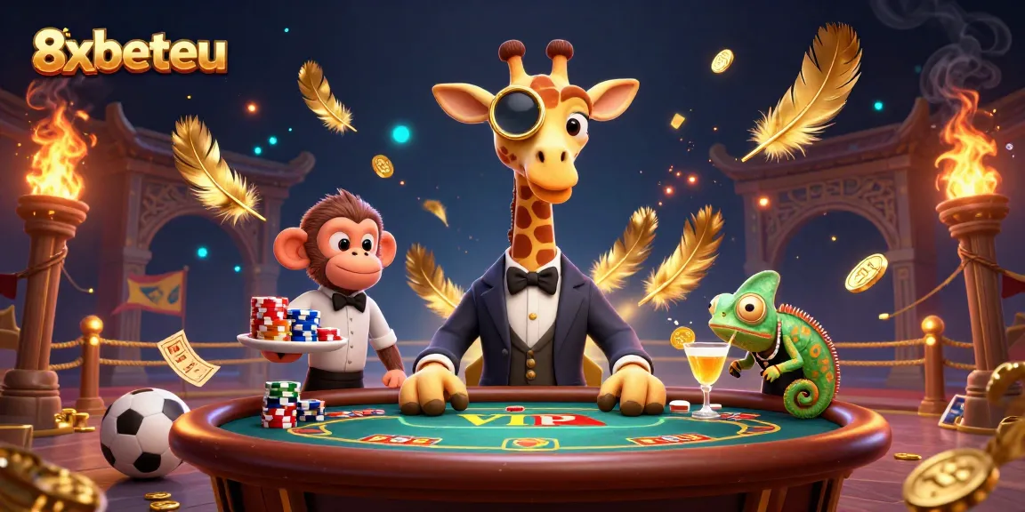 Experience the thrill of 8xbeteu with a high-roller giraffe at a VIP poker table amidst dynamic betting elements