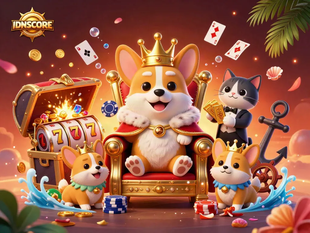 Experience IDNSCORE's exciting gaming world with a royal corgi atop poker chips amidst vibrant slot elements.