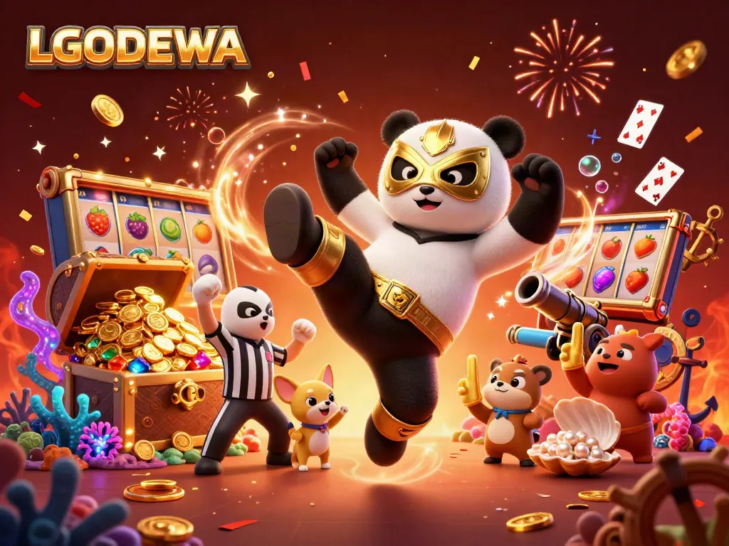 Experience gaming excitement with LGODEWA featuring a panda wrestler and dynamic casino elements.