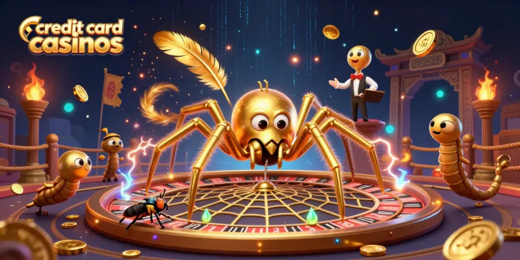 Engage in credit card casinos with an exciting 3D illustration featuring a golden spider and centipede croupier.