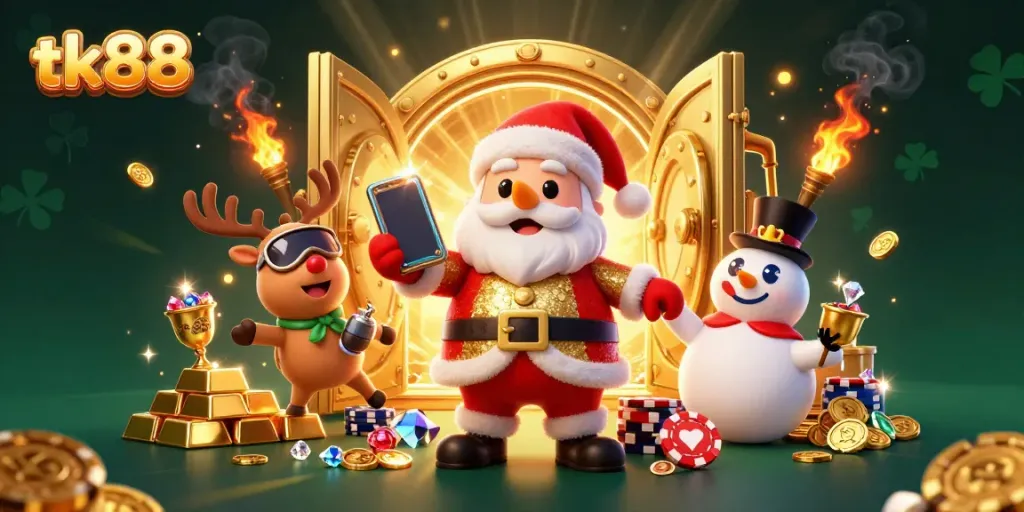 Engaging scene showing tk88's festive casino atmosphere with Santa and friends celebrating jackpot wins.