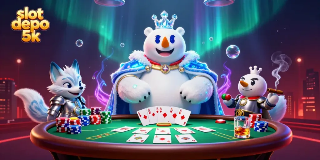 Experience thrilling wins with slot depo 5k in this colorful casino illustration featuring animated characters and vibrant game elements.
