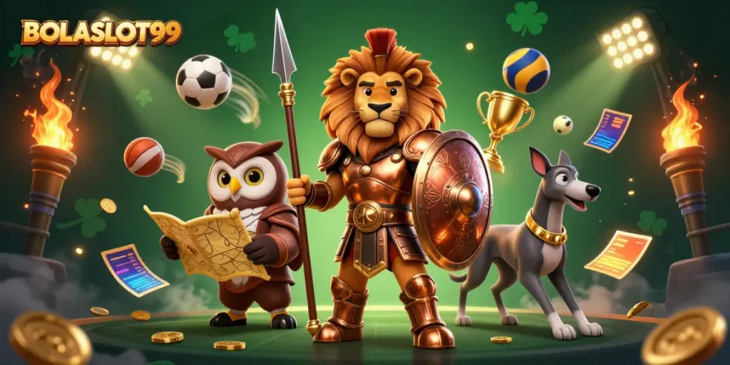 Engage with BOLASLOT99's vibrant casino adventures featuring a Spartan lion and dynamic game elements.