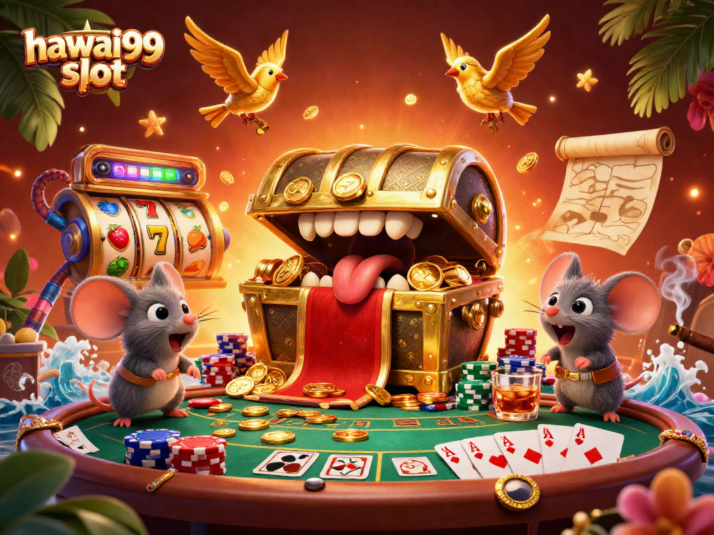 Spin the hawai99 slot reels and discover treasure with vibrant illustrations and casino elements.