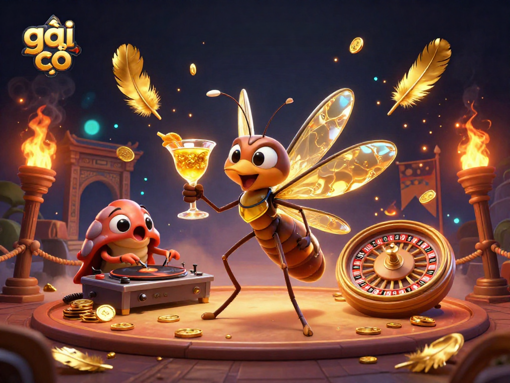 Gái gọi casino mascot bringing excitement with gold coins and roulette action.