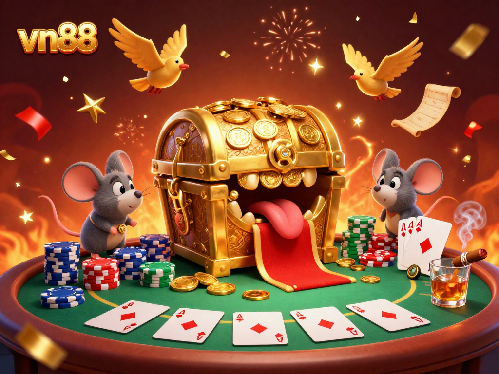 Engage in the ultimate vn88 poker adventure, featuring a treasure chest lure amidst vibrant gaming elements.