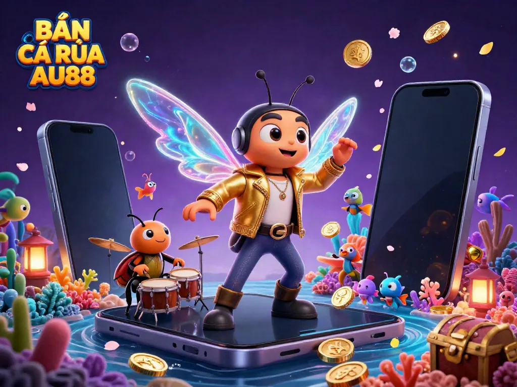 Experience thrilling underwater action with BẮN CÁ RÙA XANH AU88 featuring a cicada rock star and sea creatures.