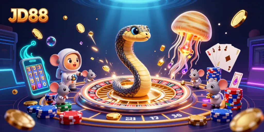 Place bets with JD88 in this vibrant cosmic casino scene featuring gambling characters and elements.
