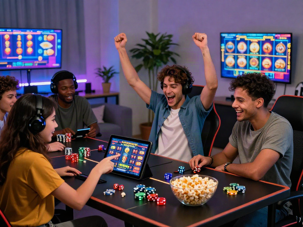 Friends enjoying bandar slot games in a lively gaming room with colorful decor.