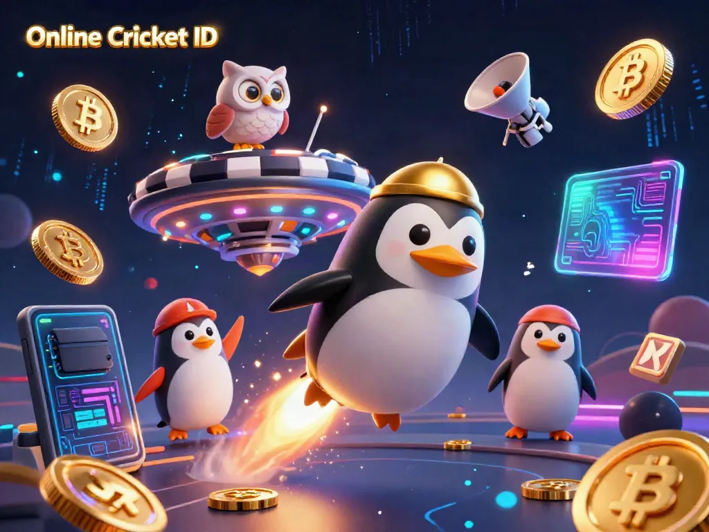 Experience Online Cricket ID amidst a colorful gambling adventure with a rocket-powered penguin and vibrant crypto elements.