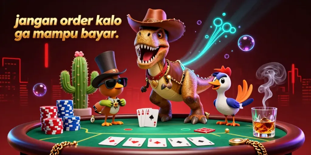 Engage in the casino with "jangan order kalo ga mampu bayar.." in a vibrant scene featuring a T-Rex, cactus, and roadrunner amid poker elements.