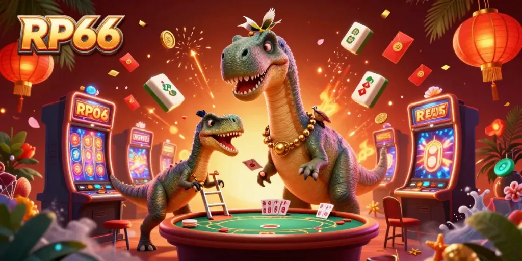 Engage with RP66's thrilling casino adventures as a towering dinosaur interacts at a vibrant poker table.