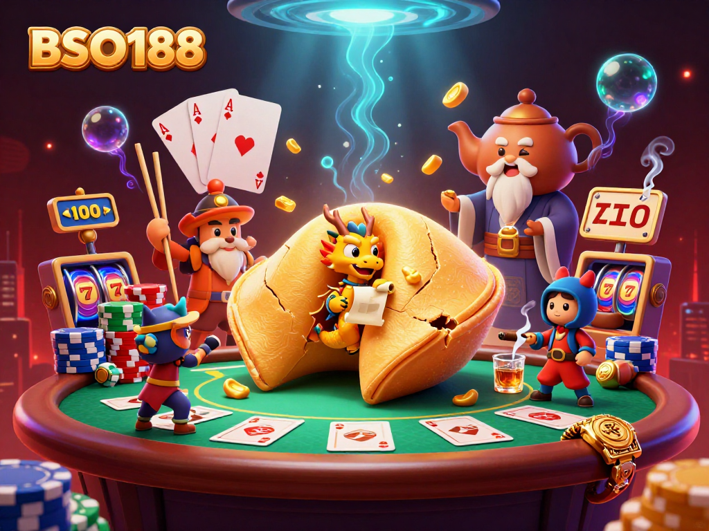 Experience the excitement at BSO188 with vibrant casino elements and a whimsical dragon.