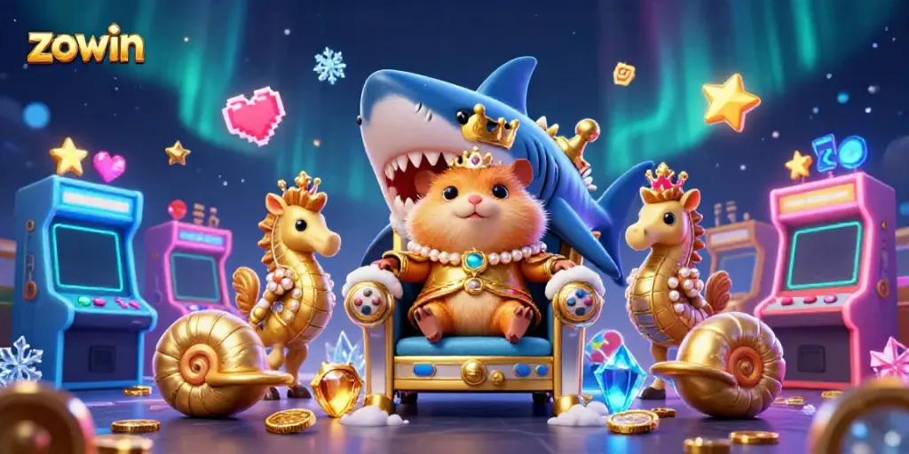 Experience the excitement of zowin with a vibrant scene of a golden hamster king and colorful arcade game elements.