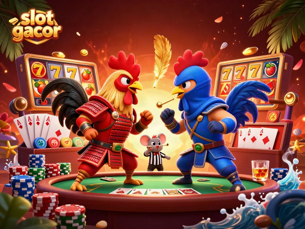 Experience thrilling slot gacor adventures with cartoon roosters battling in a vibrant casino scene.
