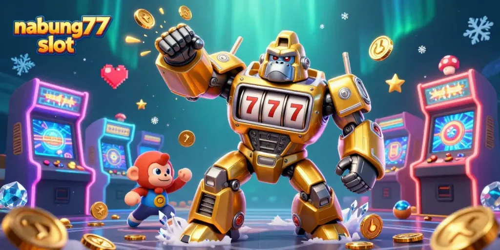 Experience thrilling action with nabung77 slot featuring a golden gorilla mech and explosive coins.