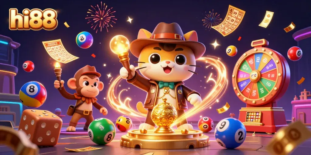Experience thrilling gameplay with hi88 in this vibrant 3D casino scene filled with dynamic lottery elements.