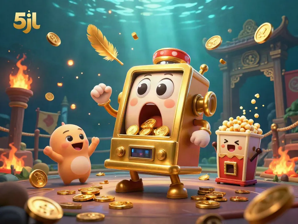 Witness the 5jl golden slot machine hitting a jackpot surrounded by cheering machines and a popcorn sidekick.