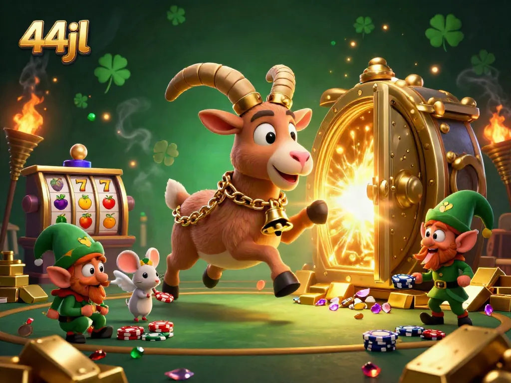 Experience the thrill of 44jl casino with Krampus, a tiny angel mouse, and elf gremlins stealing chips in this festive illustration.