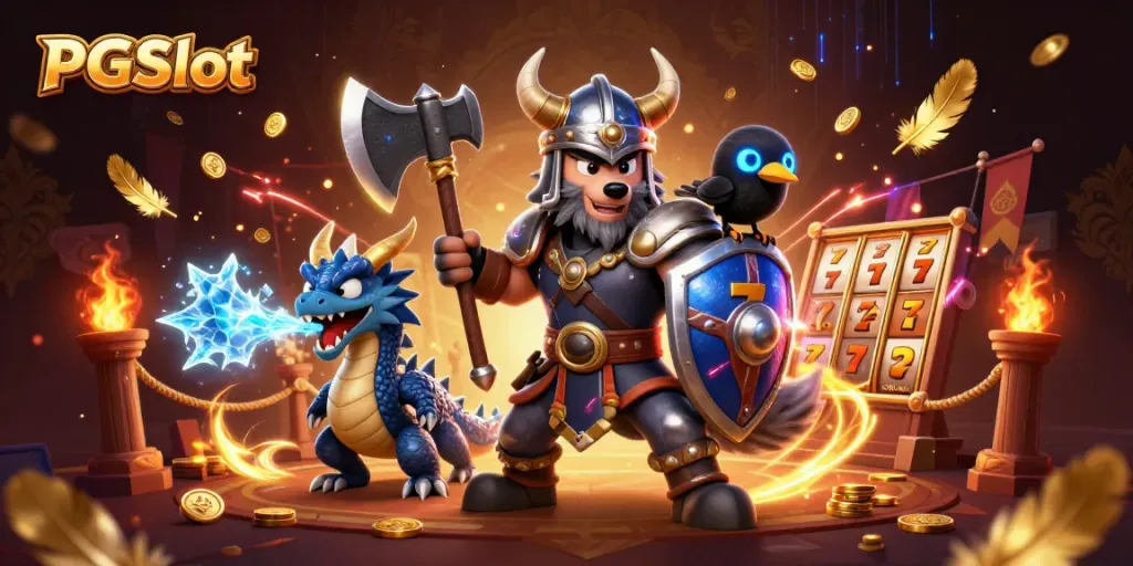 Experience the thrill of PGSlot with a Viking wolf warrior, ice-breathing dragon, and stunning gaming elements.