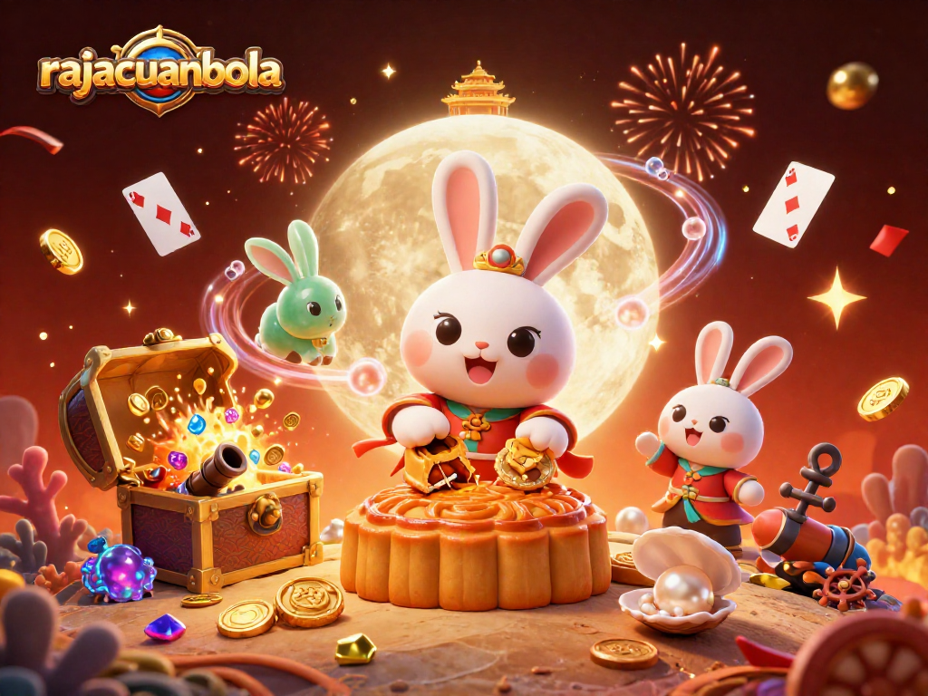 Play poker with rajacuanbola's vibrant 3D gambling scene showing moon rabbits and treasures.