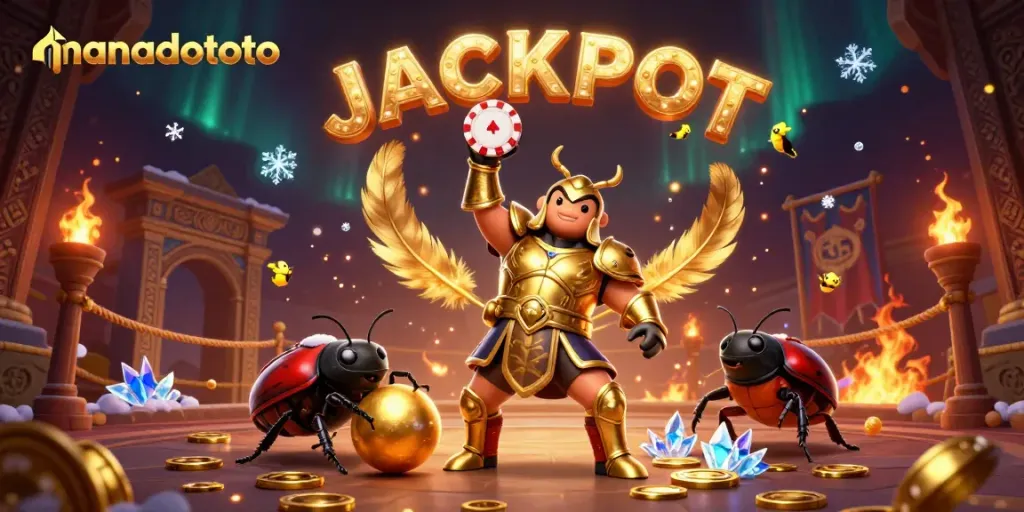 Experience manadototo's thrilling victory scene with a hercules beetle in gladiator armor lifting a poker chip amidst a magical atmosphere.