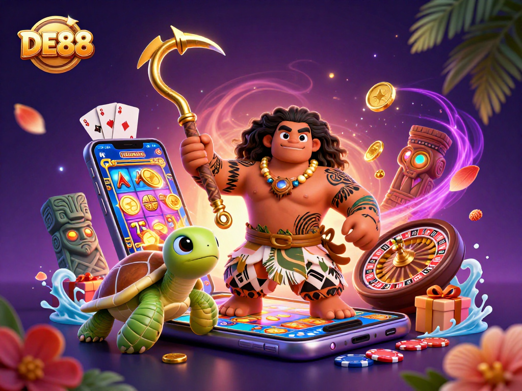 Experience thrilling gameplay at DE88 with the demigod and turtle in a vibrant casino scene.