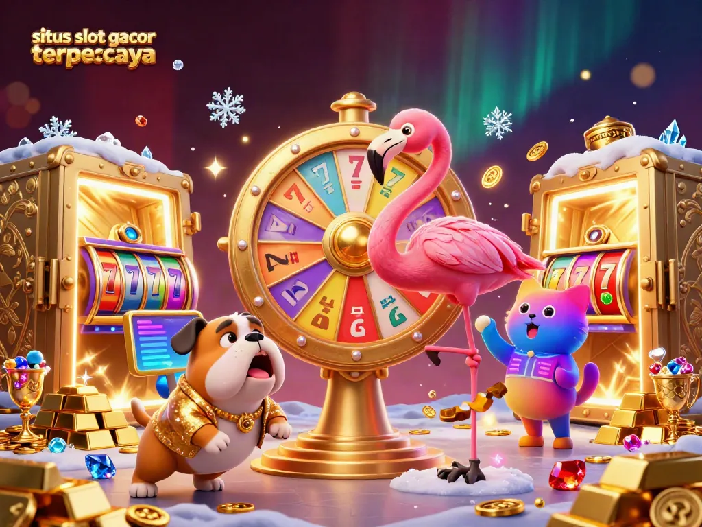 Experience the excitement of situs slot gacor terpercaya with a lively game show themed illustration showing a flamingo host and bulldog contestant.
